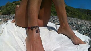 Exhibitionist girl public beach nude sunbathing and masturbating underwater