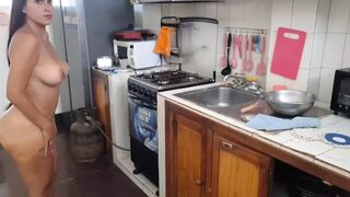 Incredible - Beautiful stepmother masturbates in the kitchen with a broomstick